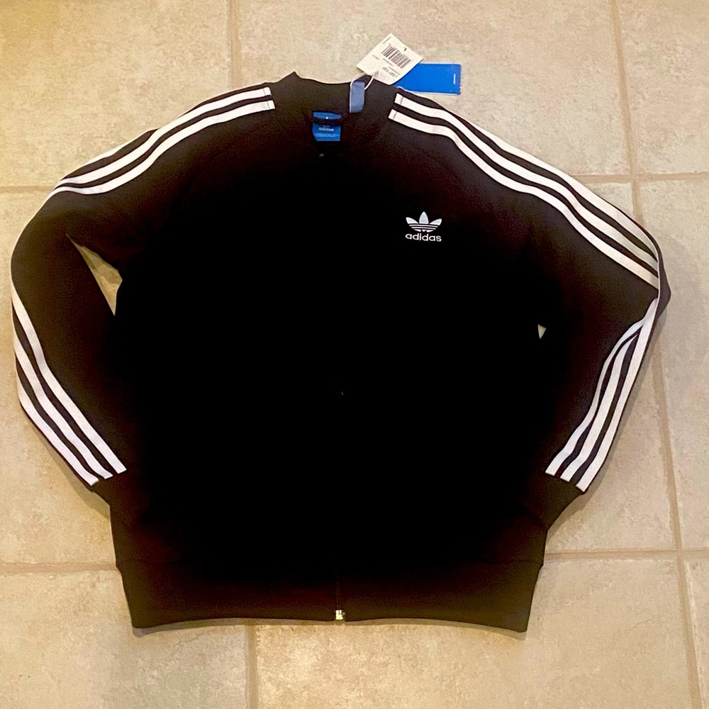 Adidas NWT track suit jacket, zipper, black, side pockets, size youth large